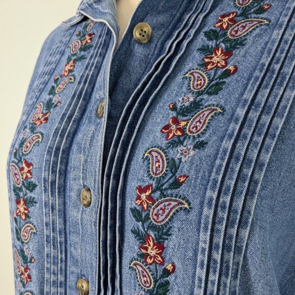 Vintage Talbots Denim Shirt Dress 90s Embroidered Modest Blue Jean Grunge 16P - Picture 4 of 16